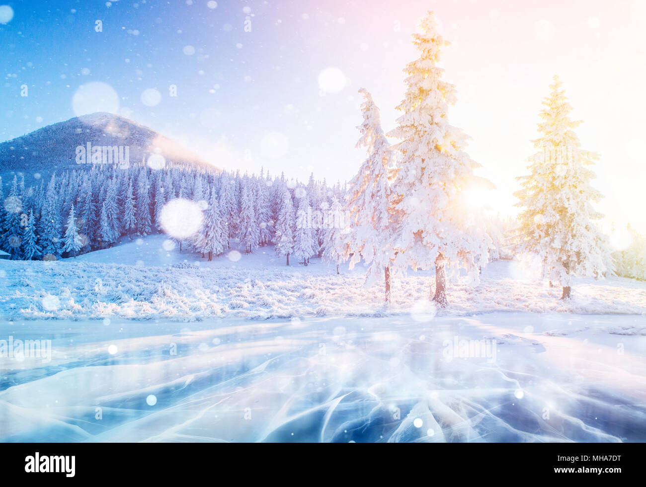 Misterioso paesaggio invernale maestose montagne in inverno. Inverno magico coperta di neve albero. Carta fotografica per biglietti d'auguri. Bokeh effetto di luce, filtro morbido. Foto Stock