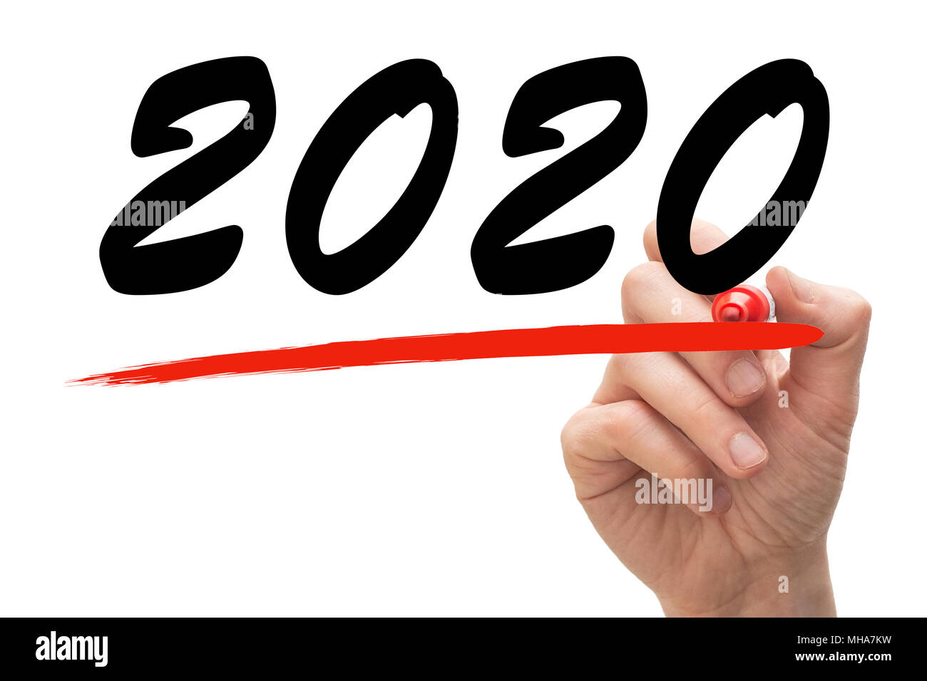 Disegno a mano una linea rossa sotto l'anno 2020. Immagine concettuale. Foto Stock