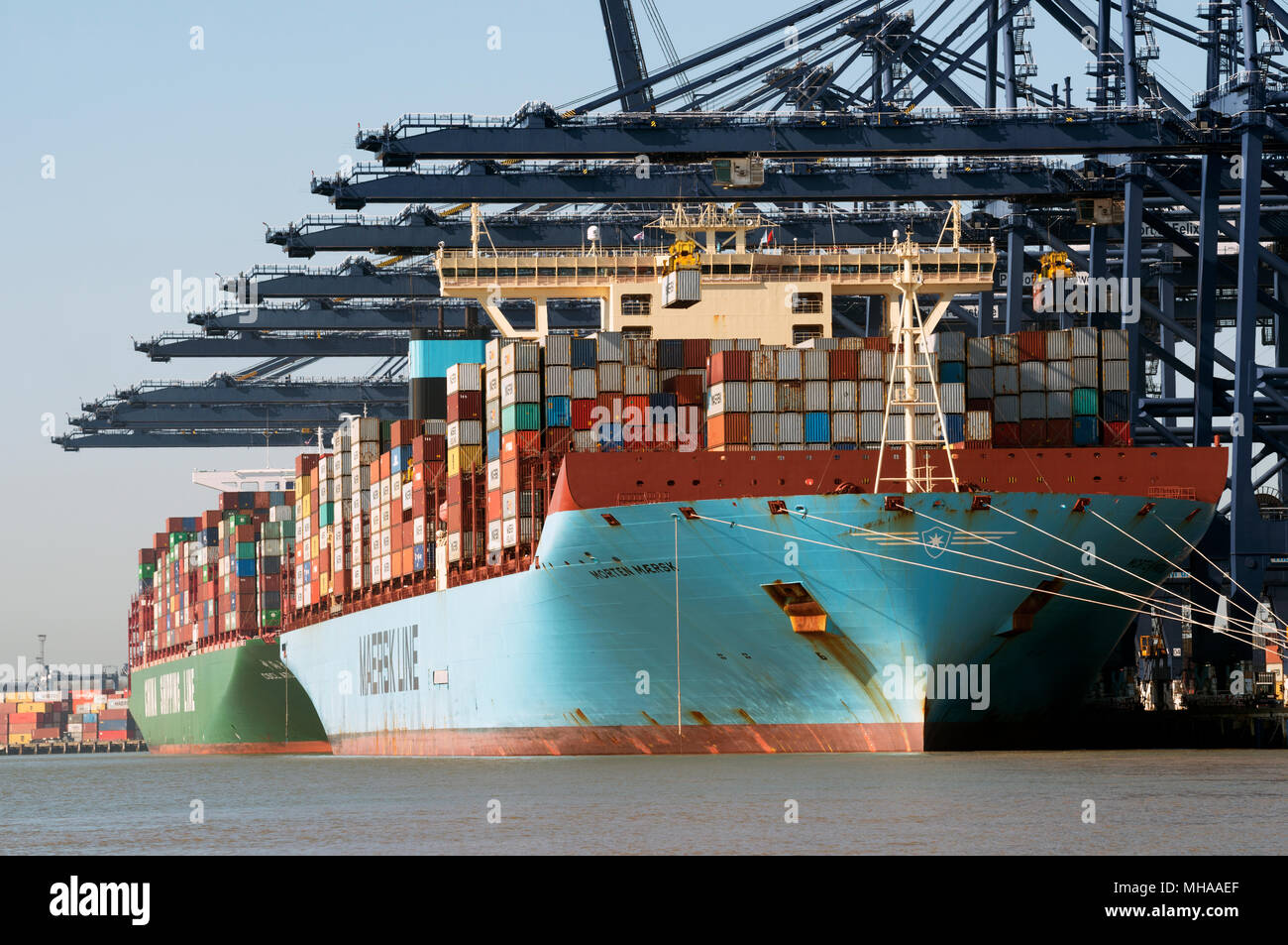 Morten Maersk Container ship, porto di Felixstowe, Suffolk, Regno Unito. Foto Stock