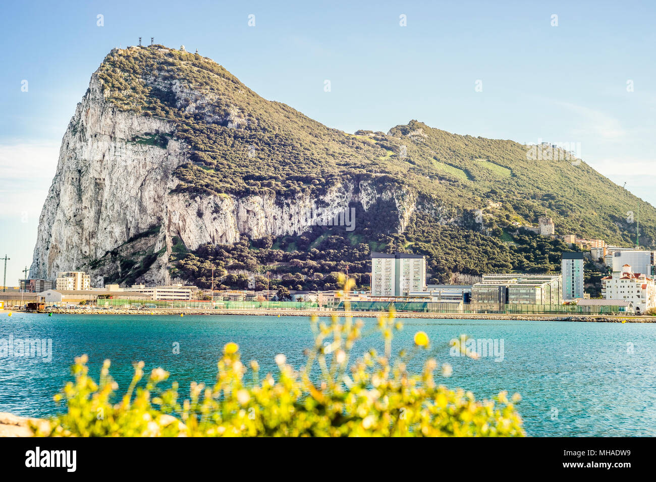 Gibilterra Rock visto dalla Spagna, British territorio di oltremare, Regno Unito Foto Stock