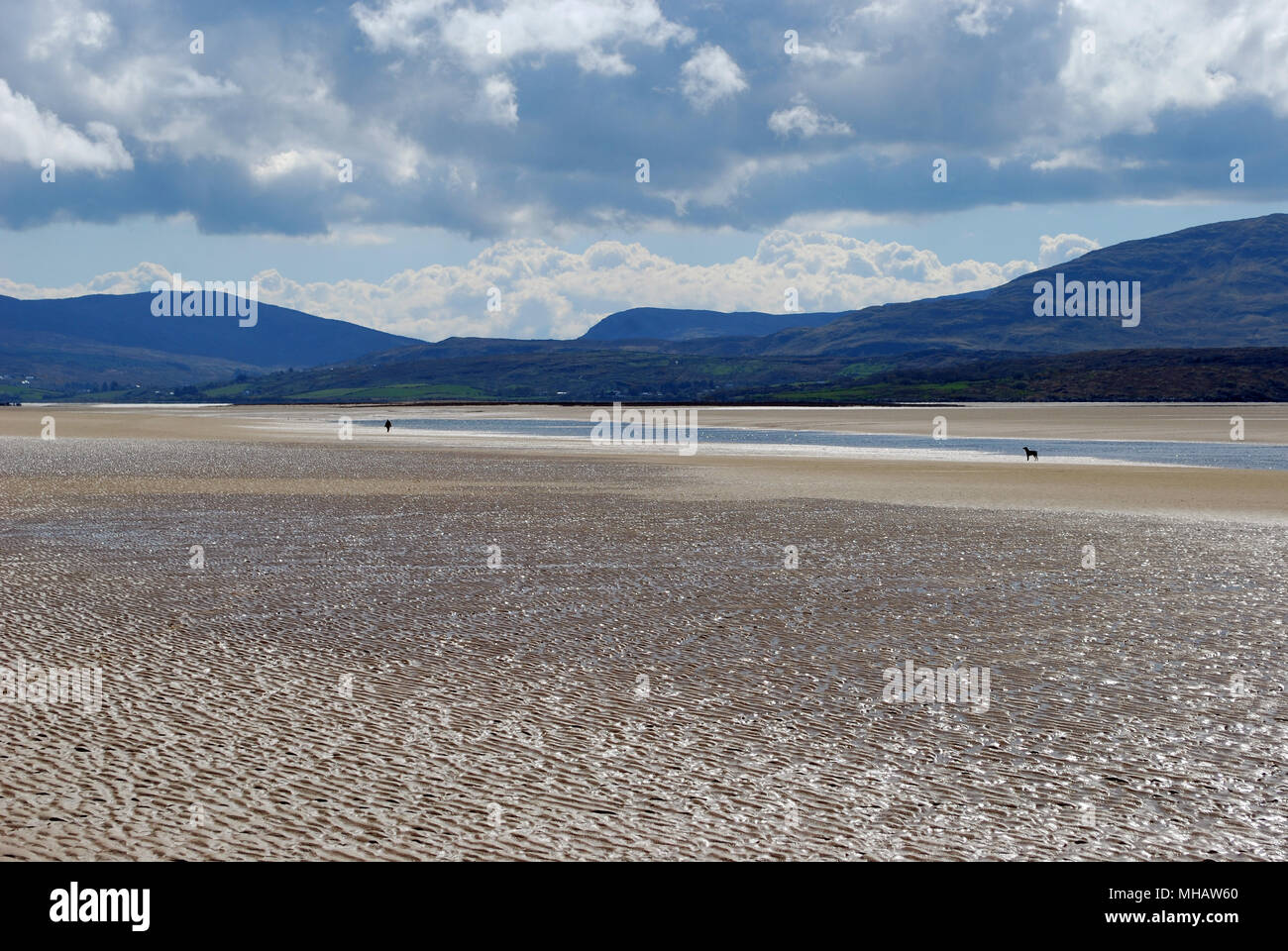 Una donna e il suo cane sul filamento Ballinreavy, Sheskinmore, County Donegal. Foto Stock
