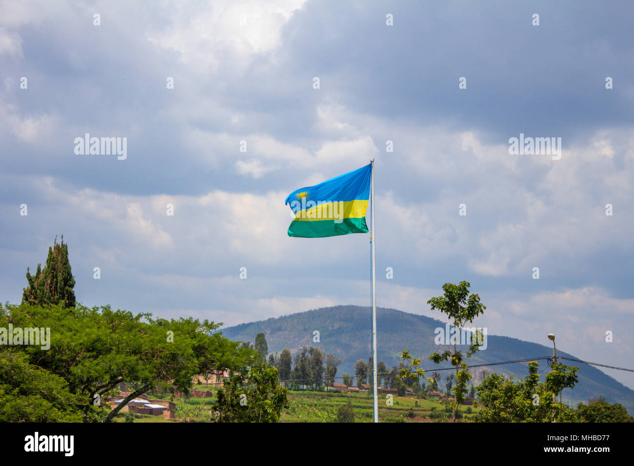 Un rwandese bandiera sui motivi del palazzo del re, Nyanza, Ruanda Foto Stock