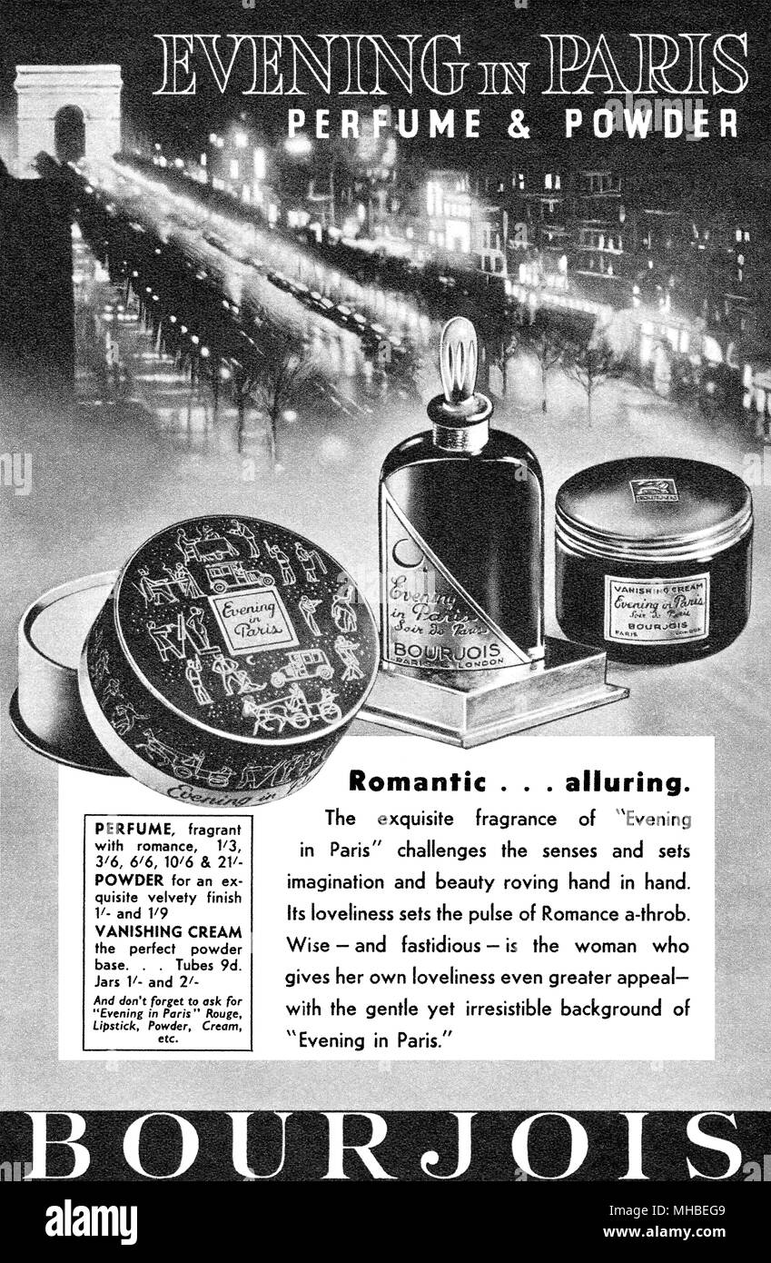 1938 British pubblicità per la sera a Parigi profumo e polvere da Bourjois. Foto Stock