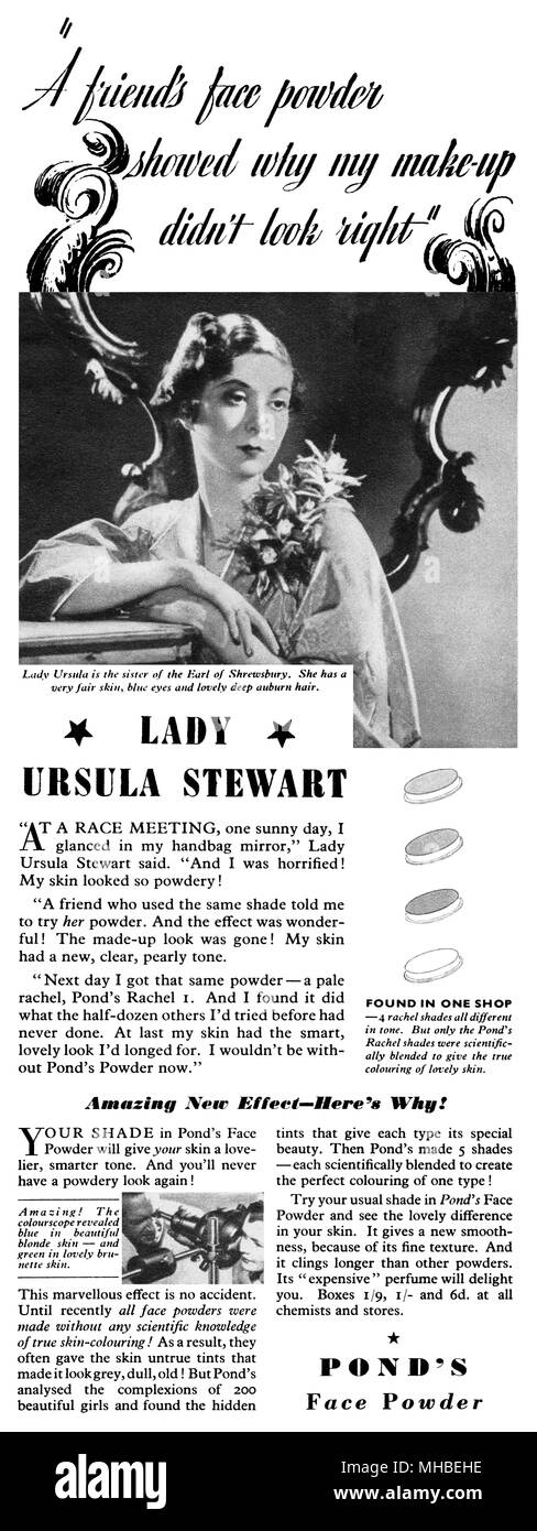 1938 British pubblicità per stagno faccia della polvere. Foto Stock