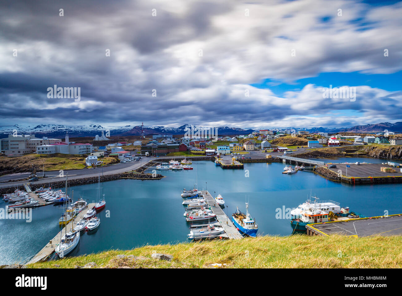Vista del porto di Stykkisholmur, Western Islanda Foto Stock