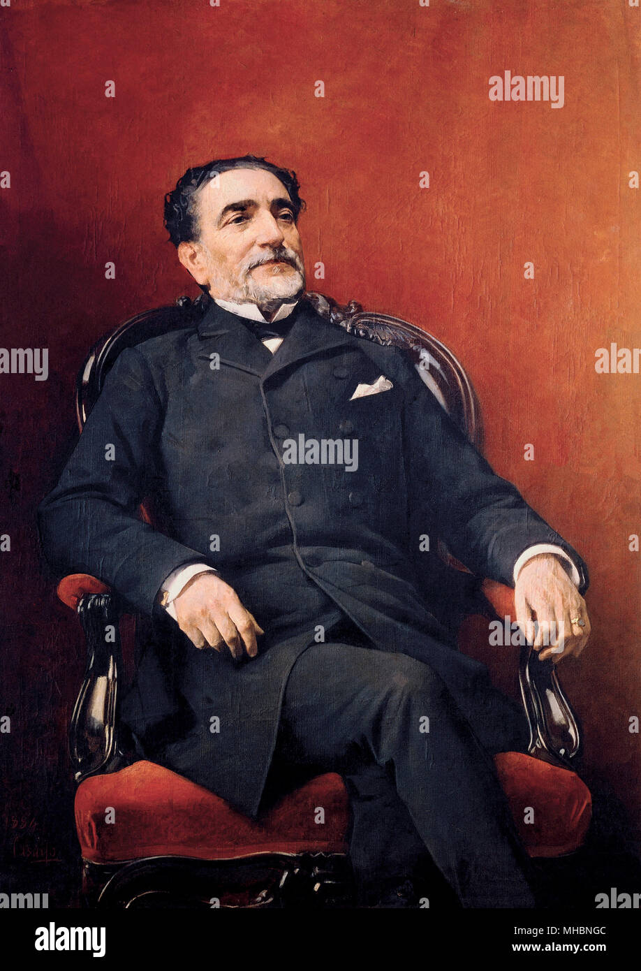 Mariano Práxedes Mateo Sagasta y Escolar (1825 - 1903), politico spagnolo che ha servito come primo ministro in otto occasioni tra il 1870 e il 1902. La pittura di José Casado del Alisal Foto Stock