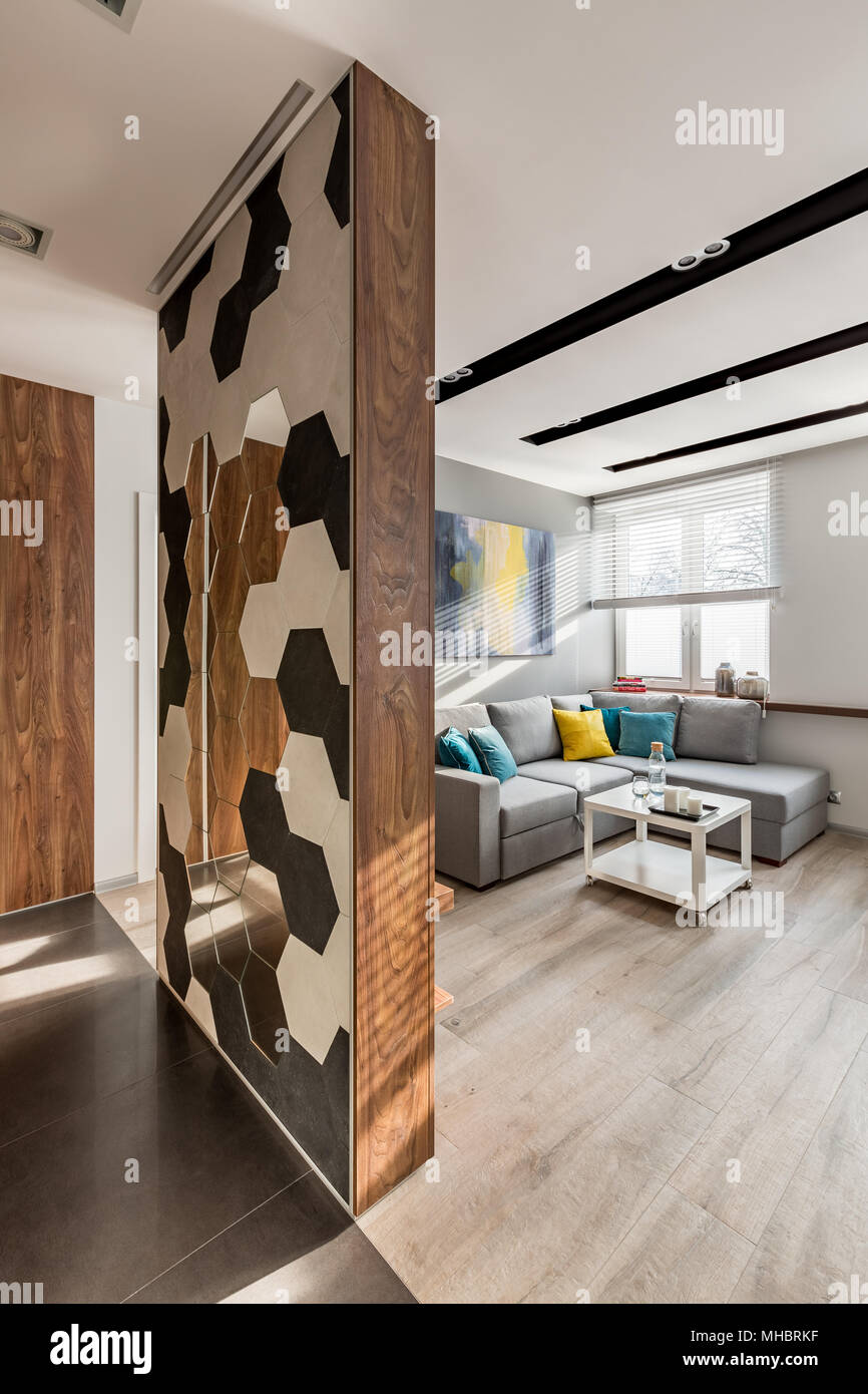 Decorato con mirroring esagonale piastrelle in casa moderna interno Foto Stock