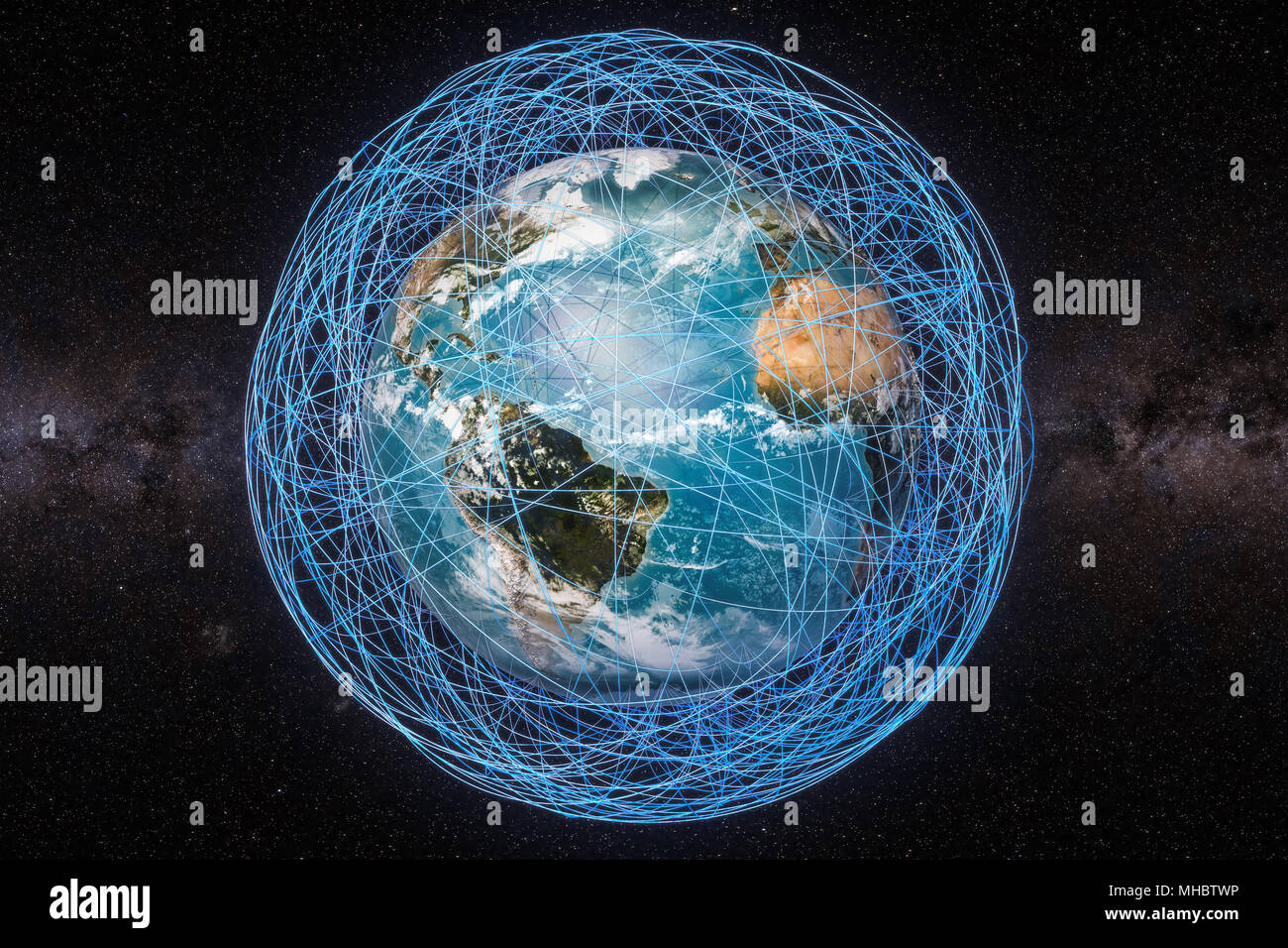 Comunicazione globale concetto, globo terrestre e incandescente linee intorno, rendering 3D Foto Stock