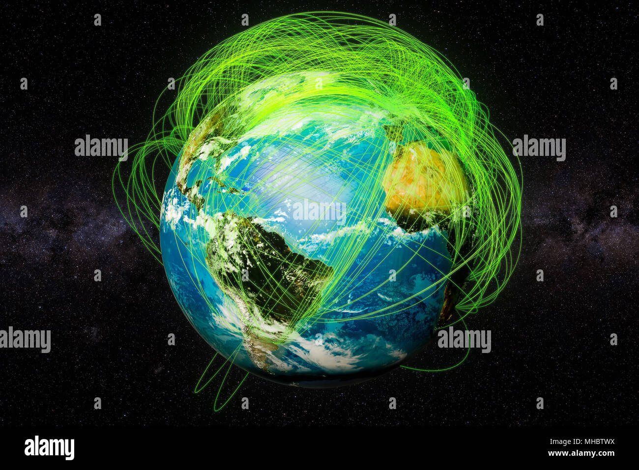 Globo terrestre e reale le rotte di volo concetto, rendering 3D Foto Stock
