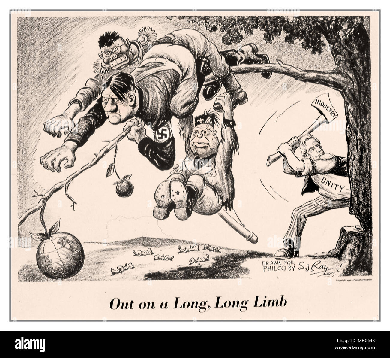 Vintage WW2 Propaganda Poster con Adolf Hitler e Mussolini Hideki Tojo prodotta da ufficio USA per la gestione delle emergenze di guerra Scheda di produzione. (01/1942 - 11/03/1945) "fuori su una lunga lunga arto' circa 1942-1943 Foto Stock