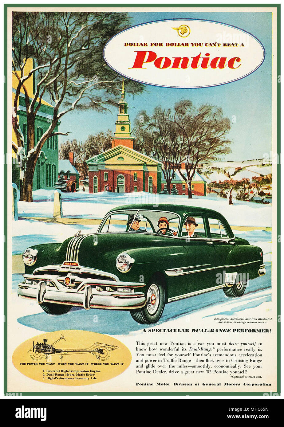 Anni Cinquanta Vintage American Automobile poster e premere annuncio, dotate di Pontiac 1952 Capotribù 2 berlina porta "dollaro per dollaro non si riesce a battere un Pontiac' America USA Foto Stock