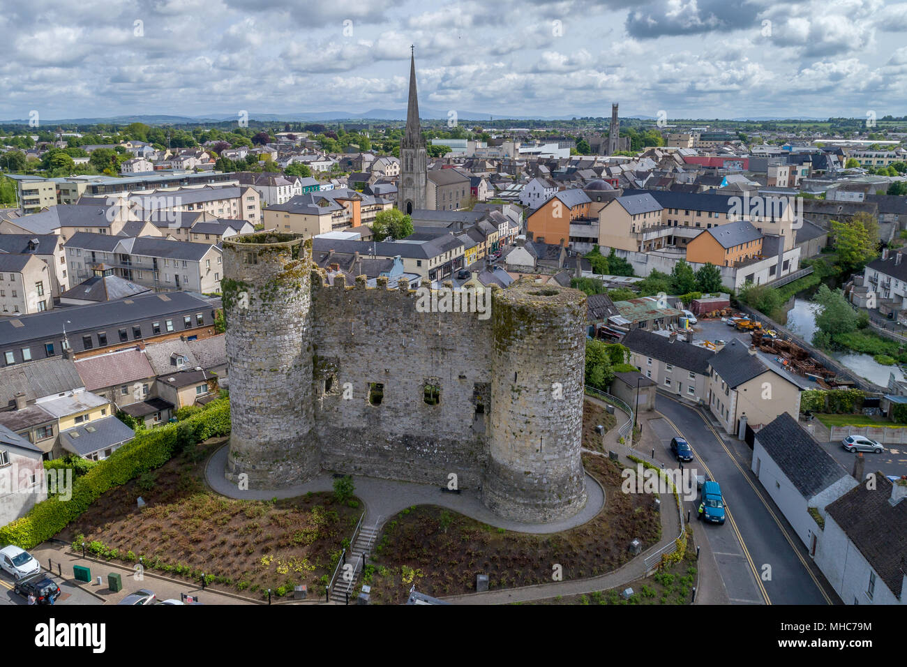 Vista aerea dei resti del castello di Carlow, Carlow, Irlanda Foto Stock