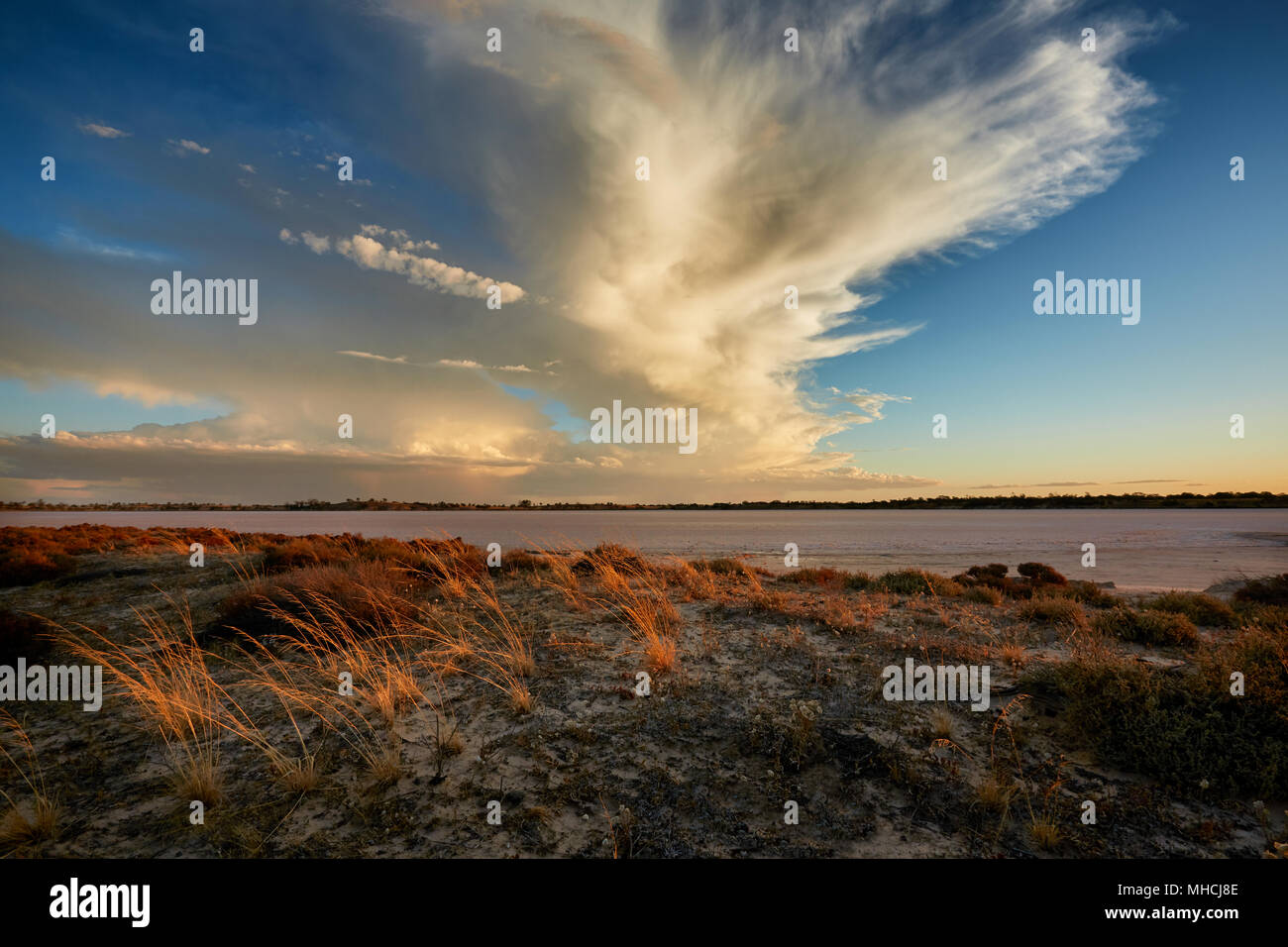 Tipico semi-arido paesaggio del nord del Victoria, Australia. Asciugare Salt Lake, la sabbia e la vegetazione rada. Foto Stock