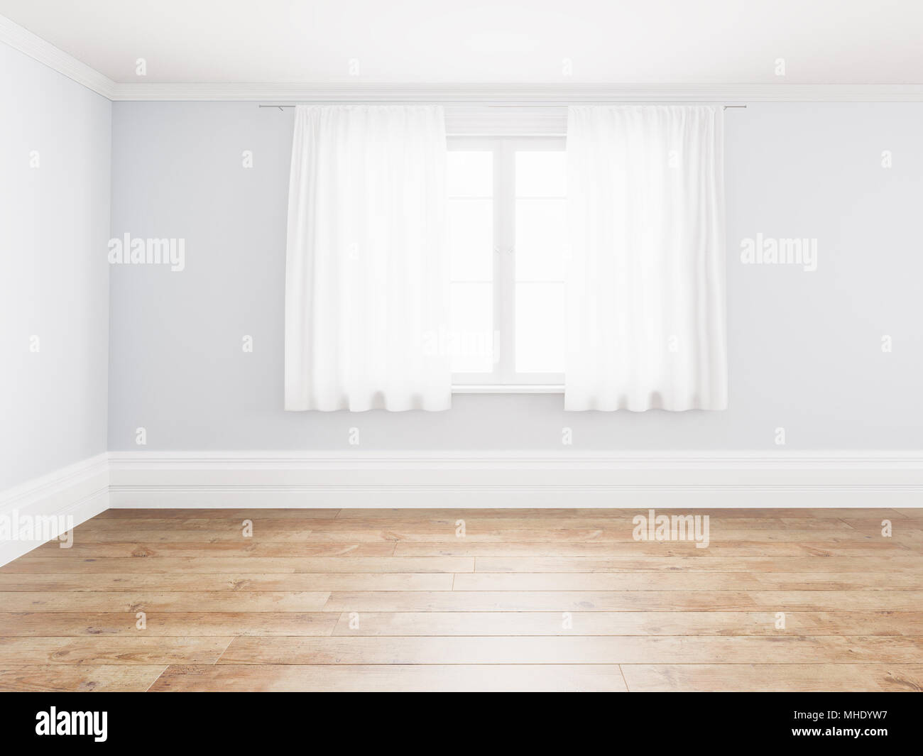 Vuoto semplice interno camera vuota di sfondo bianco angolo pareti bianche e pavimento in legno,contemporanea il rendering 3D Foto Stock
