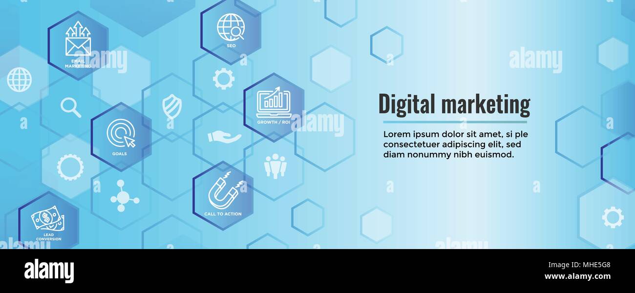 Digital Marketing in entrata Banner Web w icone vettoriali & CTA, crescita, SEO, etc Illustrazione Vettoriale