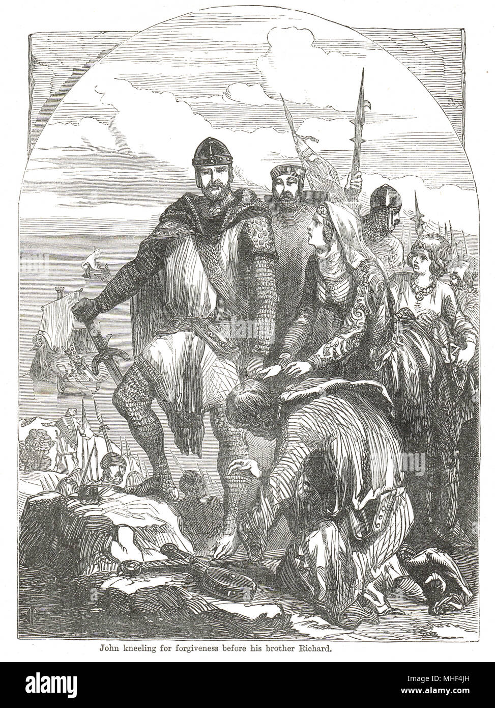 Il principe Giovanni inginocchiata ai piedi del suo fratello re Richard io, chiedendo perdono per aver tradito lui durante la sua prigionia, 1194 Foto Stock