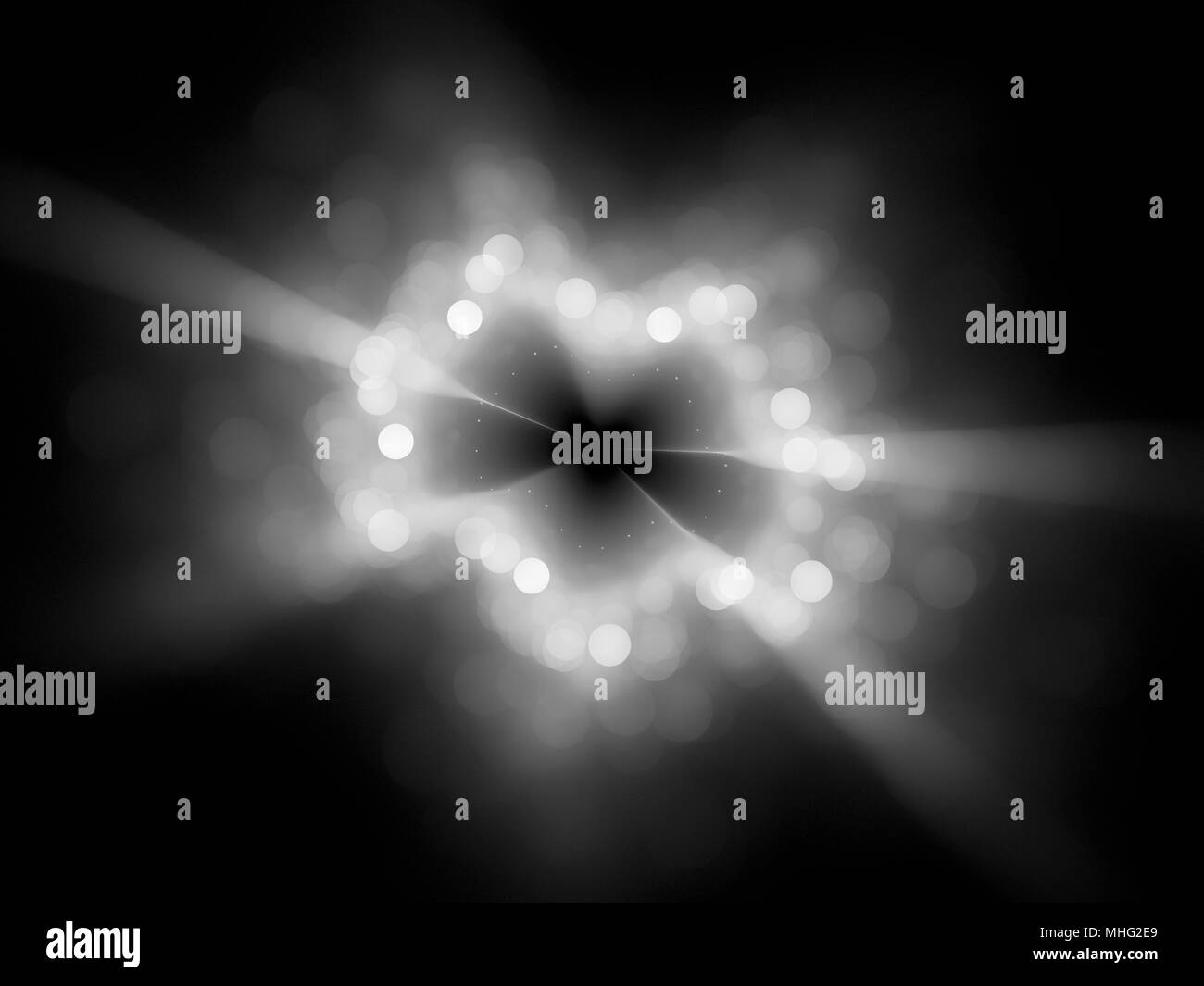 Luce incandescente travi con round bokeh di fondo nello spazio computer generated abstract in bianco e nero la texture, mappa di intensità, rendering 3D Foto Stock
