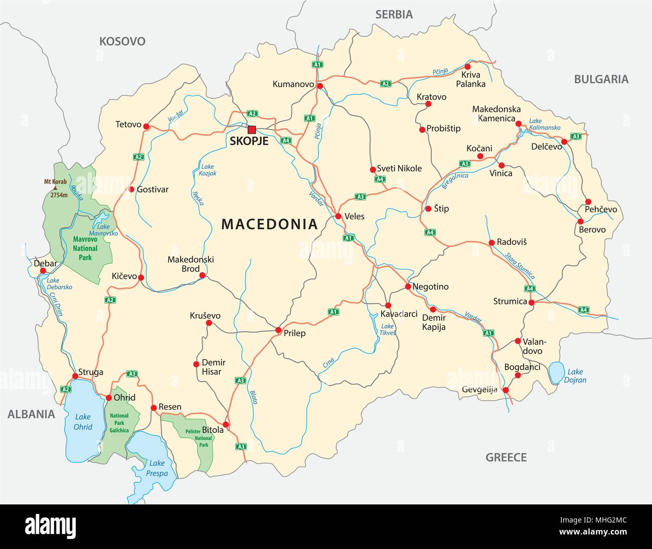 Macedonia road e il parco nazionale di mappa vettoriale Illustrazione Vettoriale