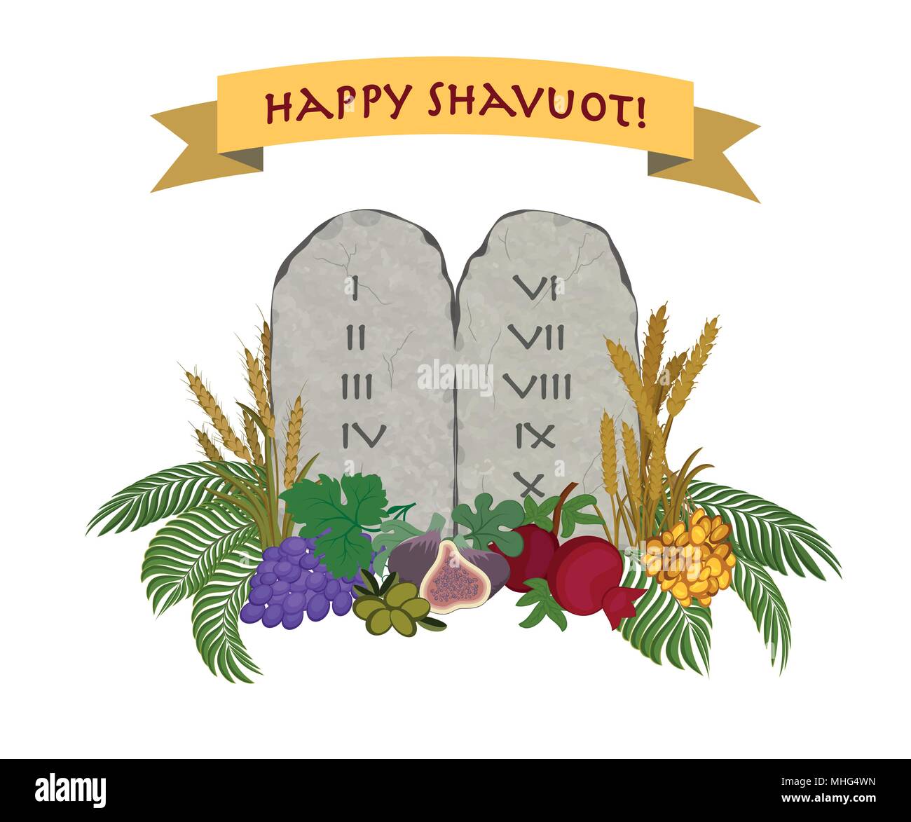 Festa ebraica di Shavuot, tavolette di pietra e di sette specie di Terra Santa su sfondo bianco Illustrazione Vettoriale