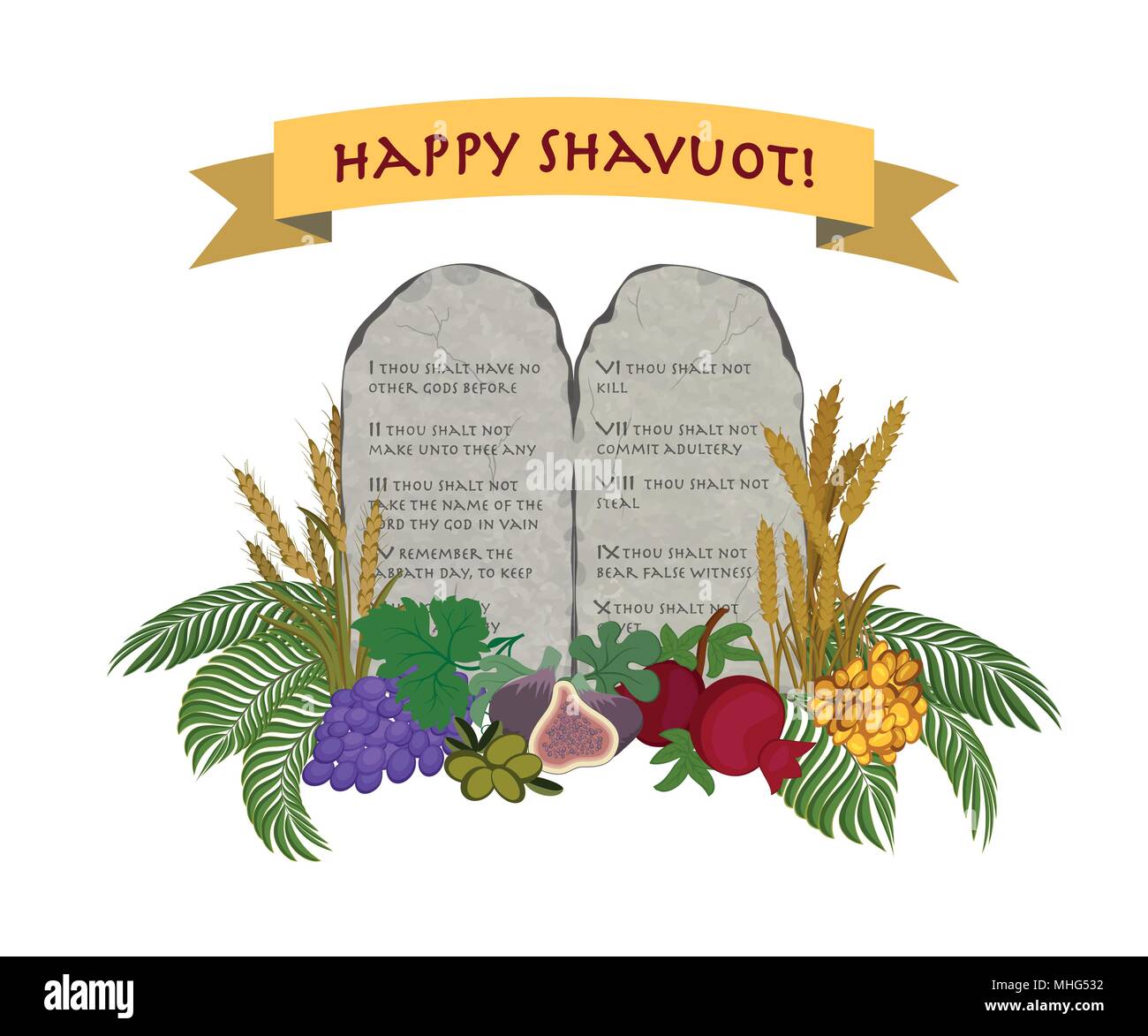 Festa ebraica di Shavuot, tavolette di pietra e di sette specie di Terra Santa su sfondo bianco Illustrazione Vettoriale
