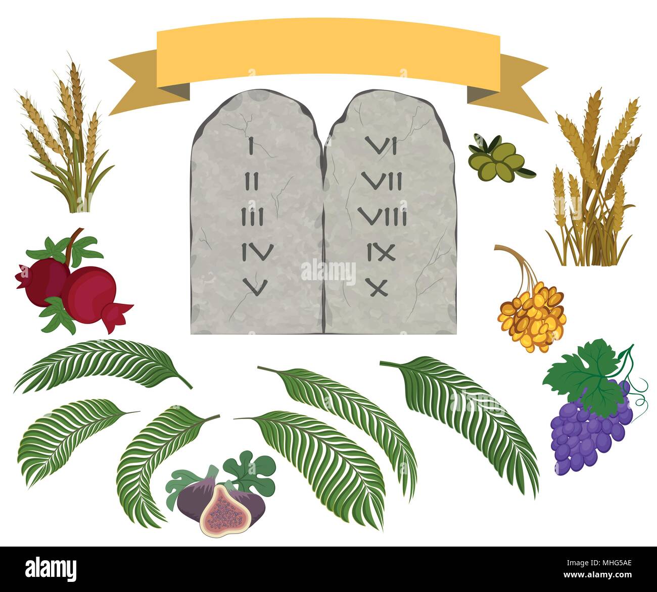 Tavolette di pietra con dieci comandamenti e sette specie di Terra Santa su sfondo bianco Illustrazione Vettoriale