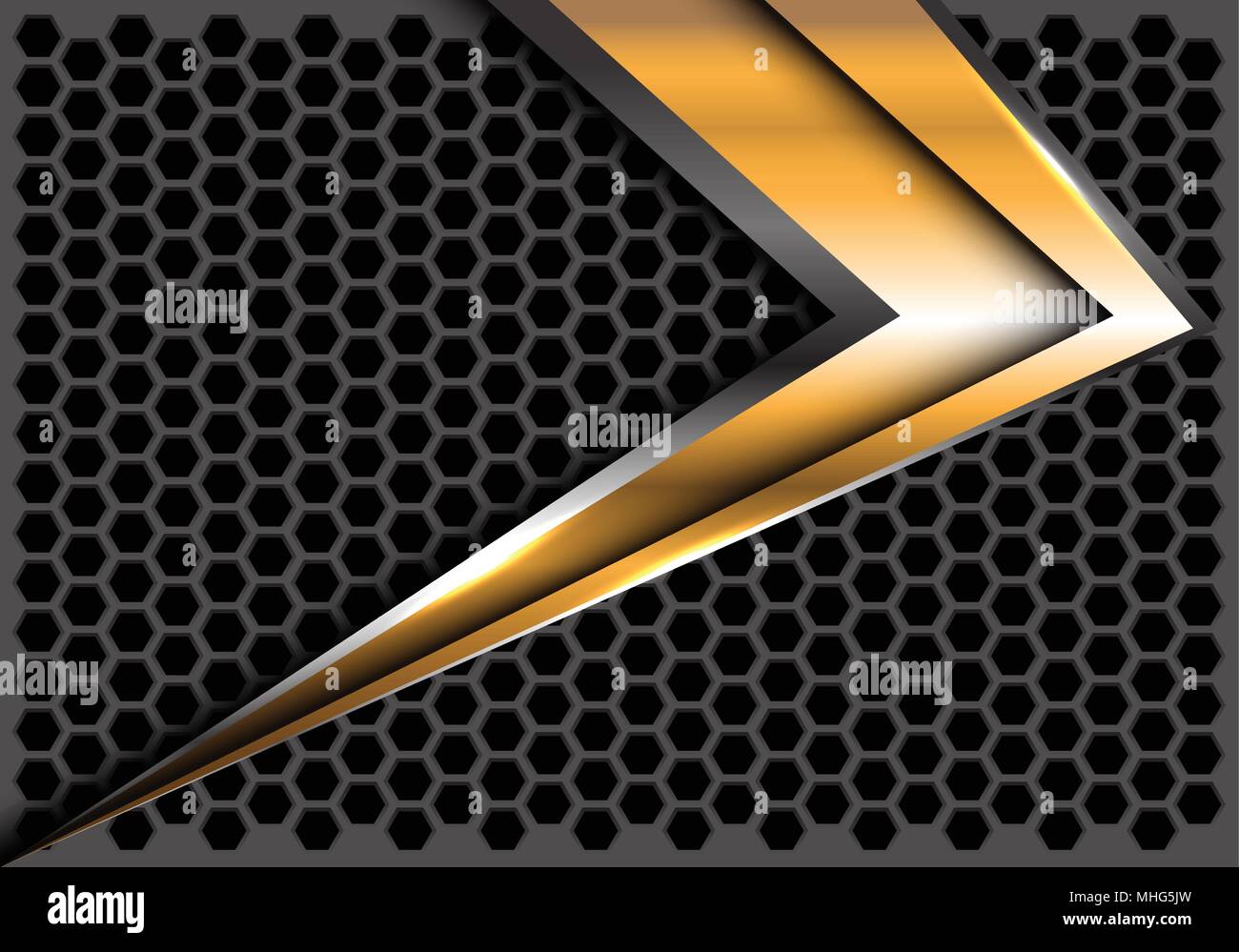 Abstract freccia oro velocità sul grigio scuro maglia esagonale design moderno sfondo futuristico illustrazione vettoriale. Illustrazione Vettoriale