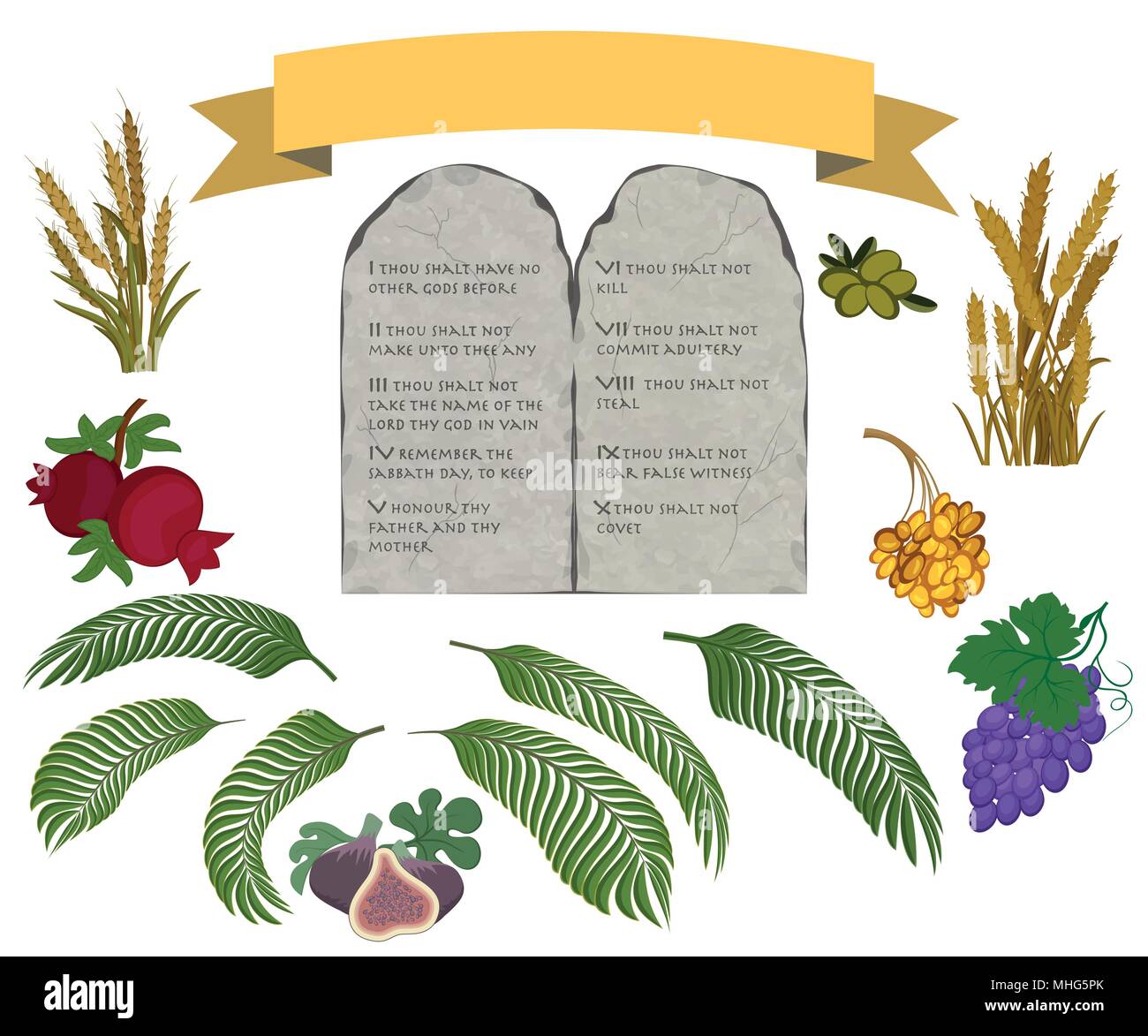 Tavolette di pietra con dieci comandamenti e sette specie di Terra Santa su sfondo bianco Illustrazione Vettoriale