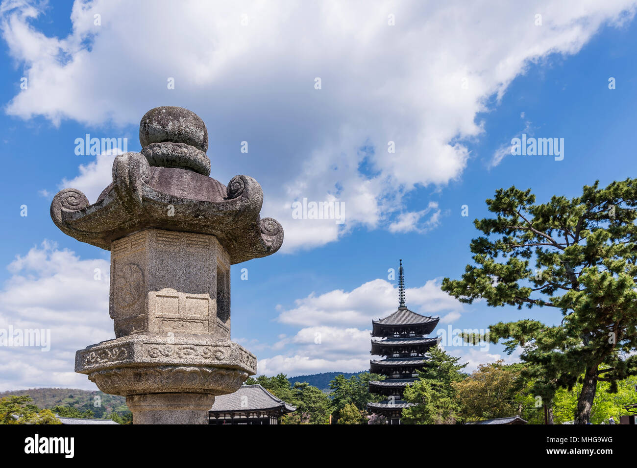 Dettaglio del bellissimo tempio e i cinque piani pagoda Tempio di Kofuku-ji di Nara, Giappone Foto Stock