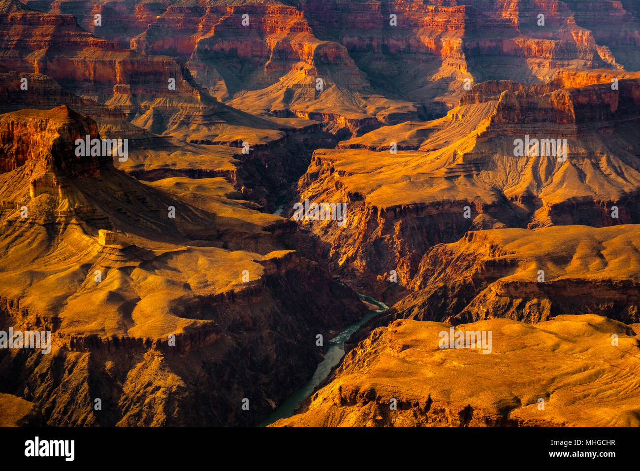 Paesaggio della vista di dettaglio del Grand Canyon e il fiume Colorado, Arizona, Stati Uniti d'America Foto Stock