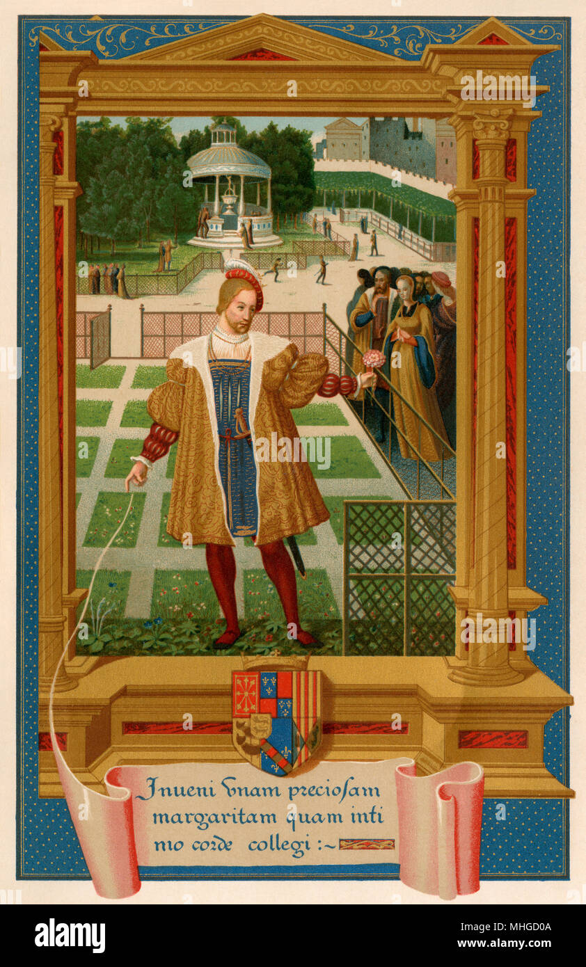 Henri IV (de Navarra) riunione Marguerite de Valois nei giardini di Alencon, Francia. Litografia a colori di un sedicesimo secolo miniatura Foto Stock