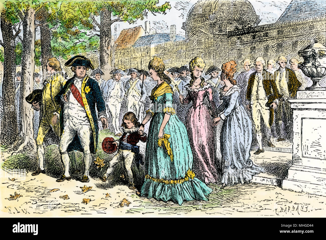 Louis XVI e Marie Antoinette con il loro figlio Le Dauphin alle Tuileries, Parigi. Colorate a mano la xilografia Foto Stock