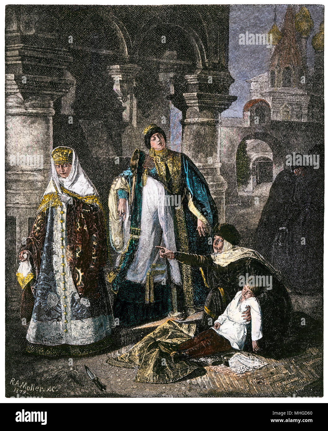 Lo Zar Ivan IV (terribili) dopo aver ucciso il suo figlio, Ivan. Colorate a mano la xilografia Foto Stock