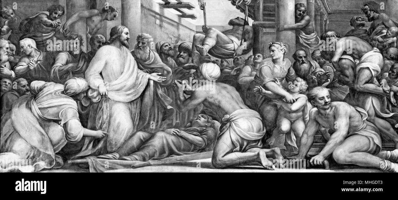 PARMA, Italia - 16 Aprile 2018: l'affresco di Gesù per la guarigione nel Duomo di Lattanzio Gambara (1567 - 1573). Foto Stock