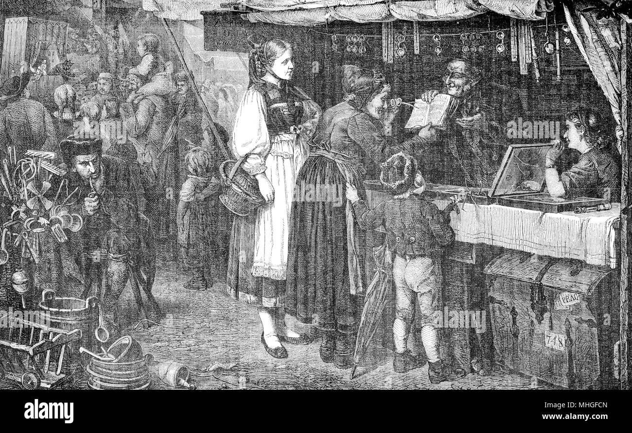 Azienda Agricola Le persone che visitano il mercato annuale di acquistare un occhiale per la nonnina, incisione vintage Foto Stock