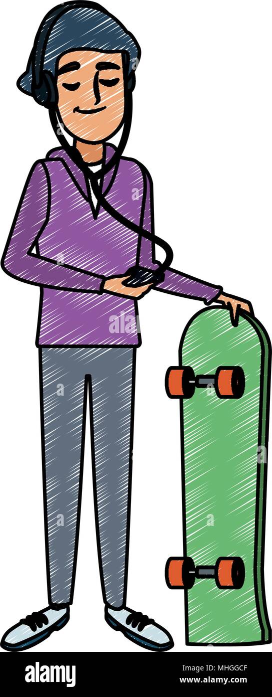 Il giovane skater ascoltando musica con lo smartphone scribble Illustrazione Vettoriale