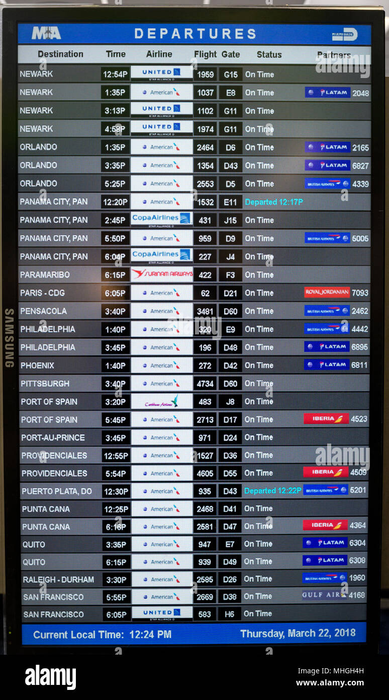 Scheda di volo, l'Aeroporto Internazionale di Miami e a Miami, Florida. Foto Stock