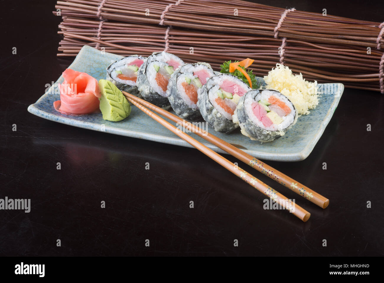 Cucina giapponese sushi in background Foto Stock