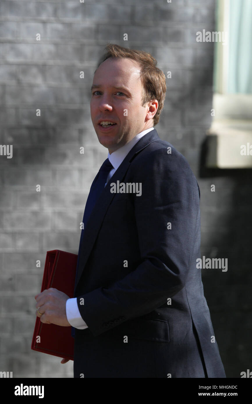 Londra, Regno Unito, 1 maggio 2018. Il Segretario di Stato per il digitale, la cultura, i media e lo sport Matthew Hancock partecipa alla riunione settimanale del Gabinetto presso 10 Downing Street, Londra, Regno Unito Foto Stock