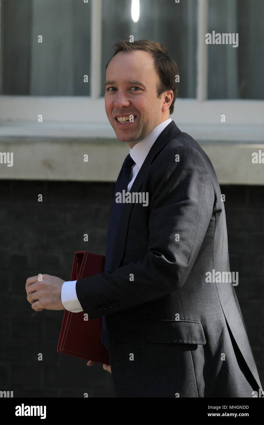 Londra, Regno Unito, 1 maggio 2018. Il Segretario di Stato per il digitale, la cultura, i media e lo sport Matthew Hancock partecipa alla riunione settimanale del Gabinetto presso 10 Downing Street, Londra, Regno Unito Foto Stock