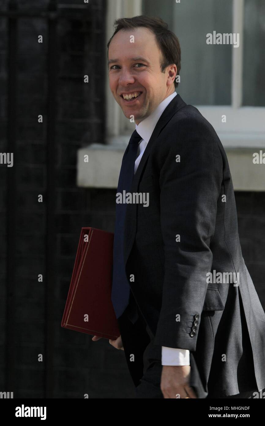 Londra, Regno Unito, 1 maggio 2018. Il Segretario di Stato per il digitale, la cultura, i media e lo sport Matthew Hancock partecipa alla riunione settimanale del Gabinetto presso 10 Downing Street, Londra, Regno Unito Foto Stock
