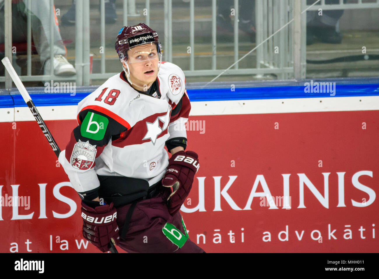 Riga, Lettonia. Il 1 maggio, 2018. 01.05.2018. RIGA, Lettonia. Rodrigo Abols, durante l'Ice hockey gioco di squadra tra la Lettonia e il team Canada. Arena di Riga: Credito Gints Ivuskans/Alamy Live News Foto Stock