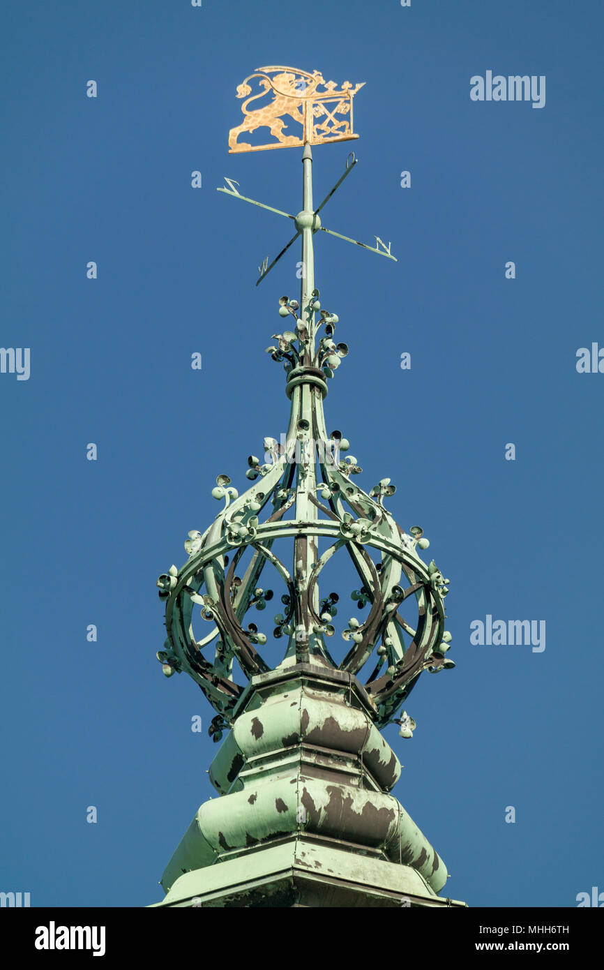 La guglia con timoni a vento e lo stemma sulla torre del Municipio Leiden Foto Stock