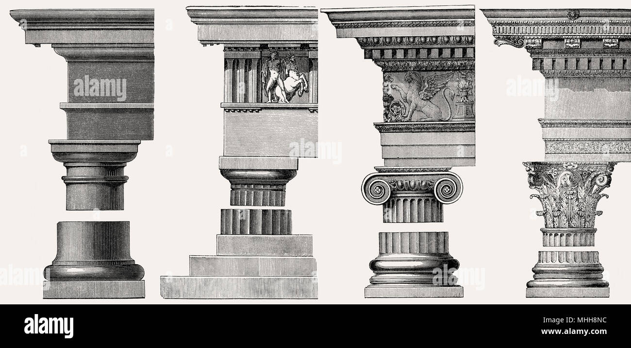 Alcuni antichi capitelli, toscano, dorico, ionico e corinzio Foto Stock