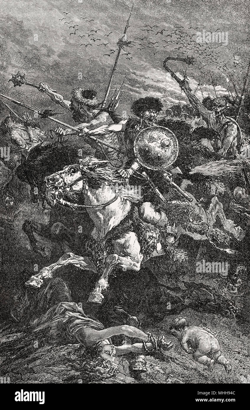 Attacco degli Unni, del V secolo, periodo di migrazione Foto Stock