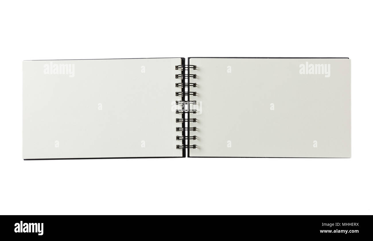 Aprire il notebook in bianco con il legante, isolato su sfondo bianco, spazio per testo, vista dall'alto, banner Foto Stock