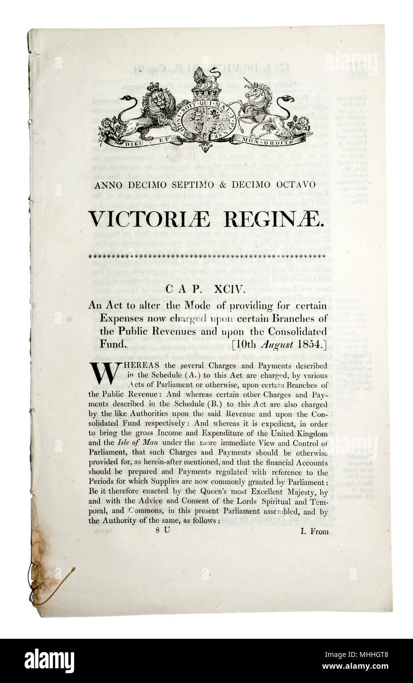 Atto originale del documento del Parlamento europeo dal 1854 (Queen Victoria) "Per modificare la modalità di fornitura per alcune spese ora caricati su alcuni rami Foto Stock