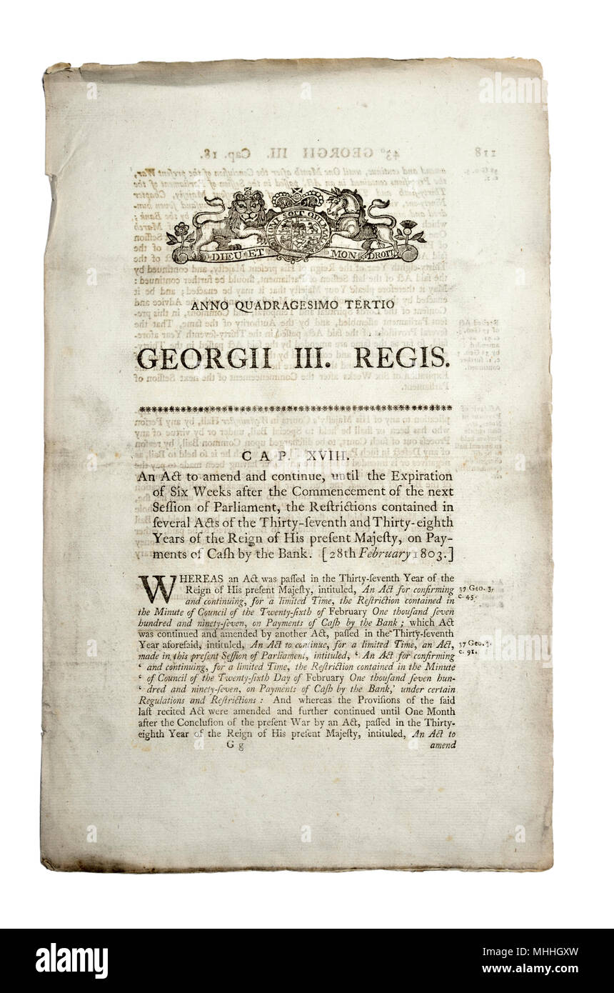 Atto originale del documento del Parlamento europeo dal 1803 (George III) Emendamento n. Foto Stock