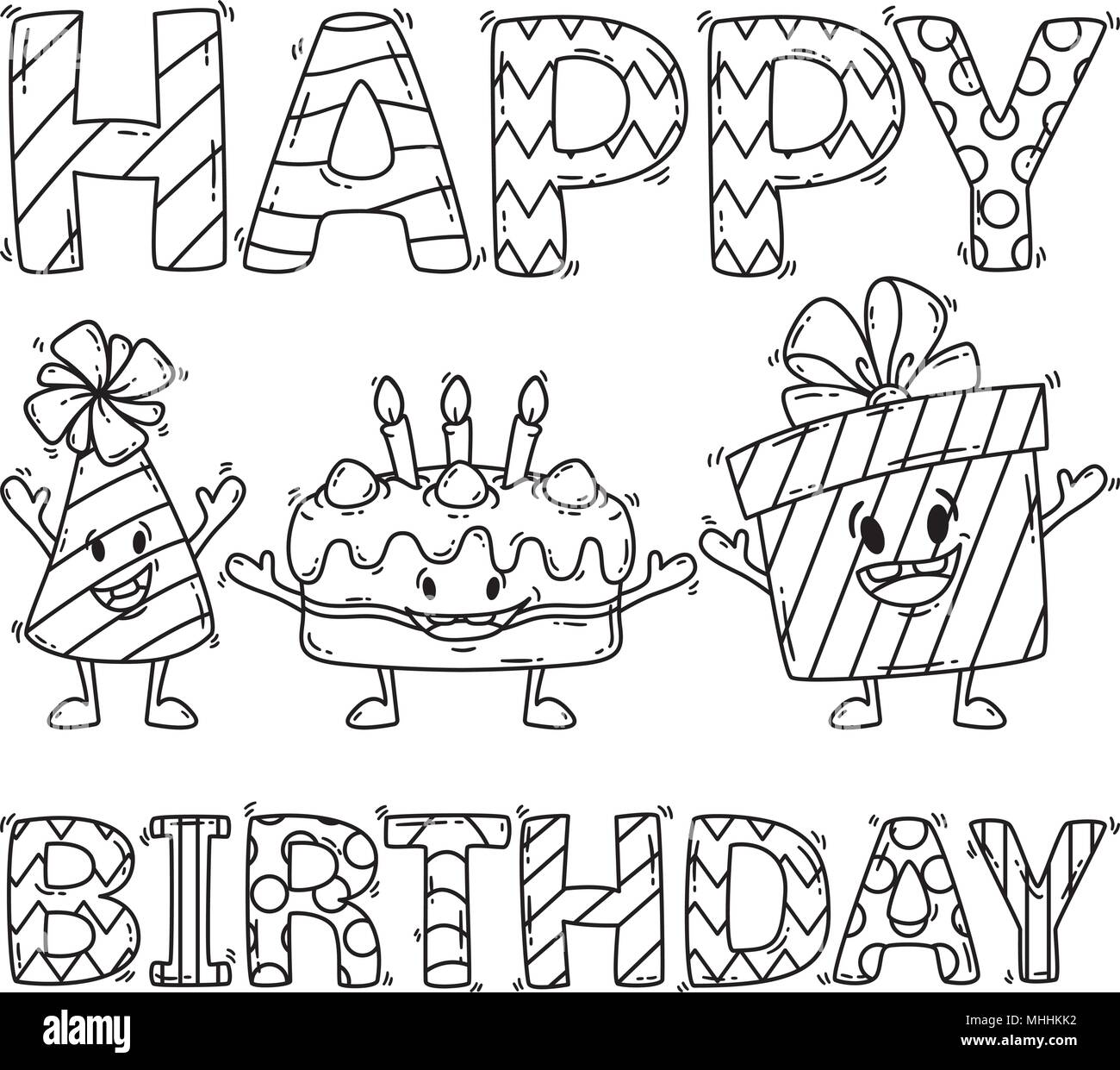 Biglietto di auguri di compleanno con torta, presente e party hat. Illustrazione di vettore isolato su sfondo bianco. Colorazione per i bambini. Il design della scheda. Illustrazione Vettoriale