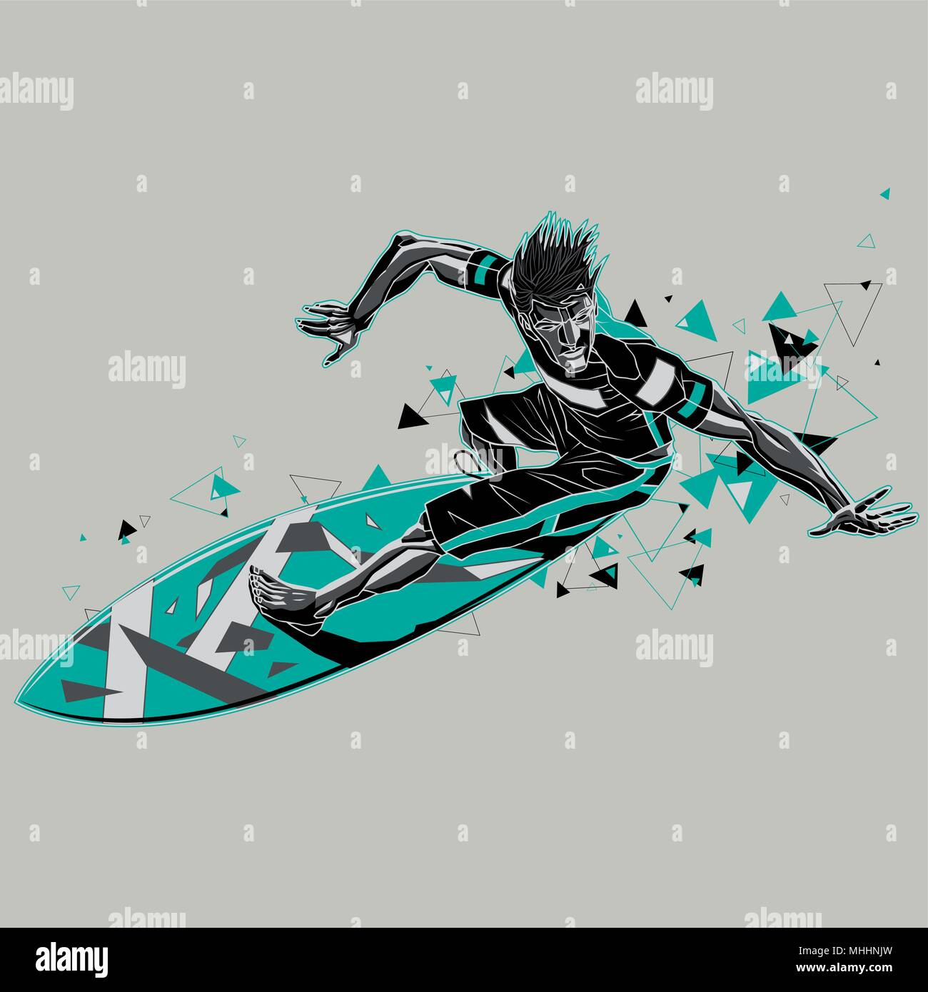 Surfer con un grafico trail.illustrazione vettoriale di un surfista isolato, in bianco e nero e colore verde. Vettore costruito in strati per operazioni di editing semplici Illustrazione Vettoriale