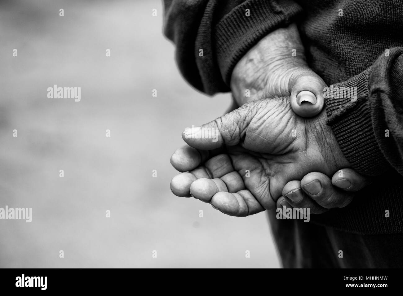 Il contadino le mani di vecchio uomo che ha lavorato duro nella sua vita Foto Stock
